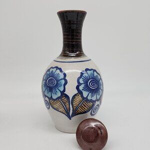 Signed Studio Pottery Decanter and 4 Cups Blue Flowers Backstamped Fish VTG